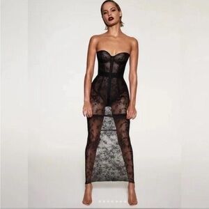 SKIMS *NWT ULTRA FINE LACE STRAPLESS CORSET LONG DRESS | COLOR: ONYX | SIZE: L